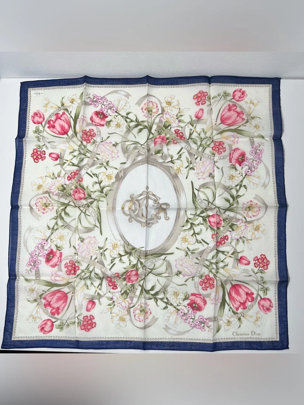Christian Dior CD Monogram Logo Vintage Floral Cotton Scarf Bandana Handkerchief